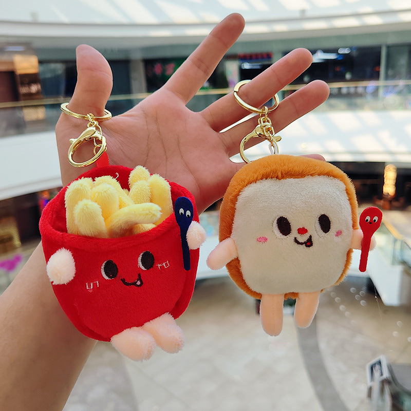 Food Keychains Plush Hamburger Fries Hot Dog Chicken Leg Toast Chips Cute Cartoon Food Dolls Pendant Keys Bags