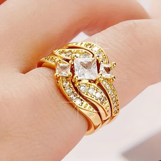 Womens Gold Plated Ring Set Three Piece Alloy Rings With Diamond Studded Detail Japanese Korean Style Sparkles