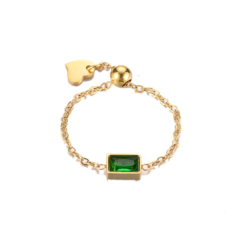 Womens Adjustable Chain Ring with Inlaid Zircon Square Diamond Red Black Titanium Steel Jewelry Bead 4mm Size