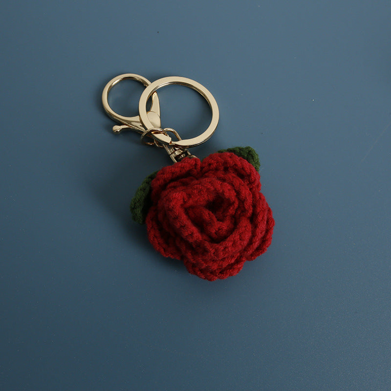 Handwoven Wool Keychain Rose And Sunflower Plant Design Pendant Handcrafted Woolen Accessory For Nature Lovers
