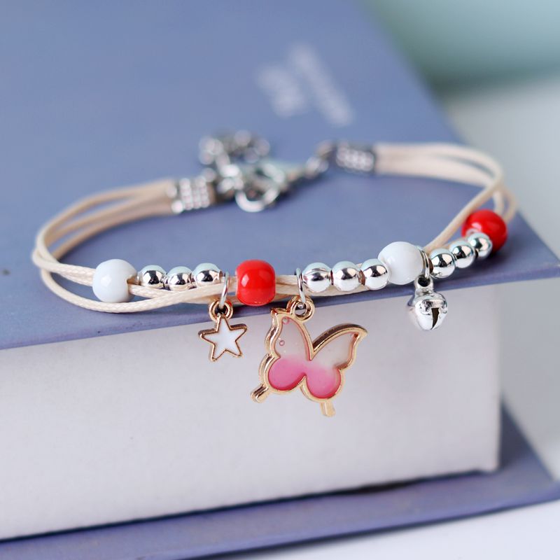 Womens Hand Woven Butterfly Charm Bracelet Adjustable Alloy Featuring Flower Bow Geometry and Letter Blue Pink