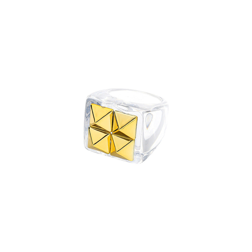 Womens Geometric Resin Ring Trendy Chamfering Square Pattern Cold Wind Ring Fashion Jewelry Average Size Stylish