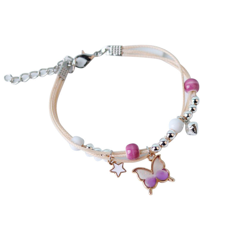 Womens Hand Woven Butterfly Charm Bracelet Adjustable Alloy Featuring Flower Bow Geometry and Letter Blue Pink