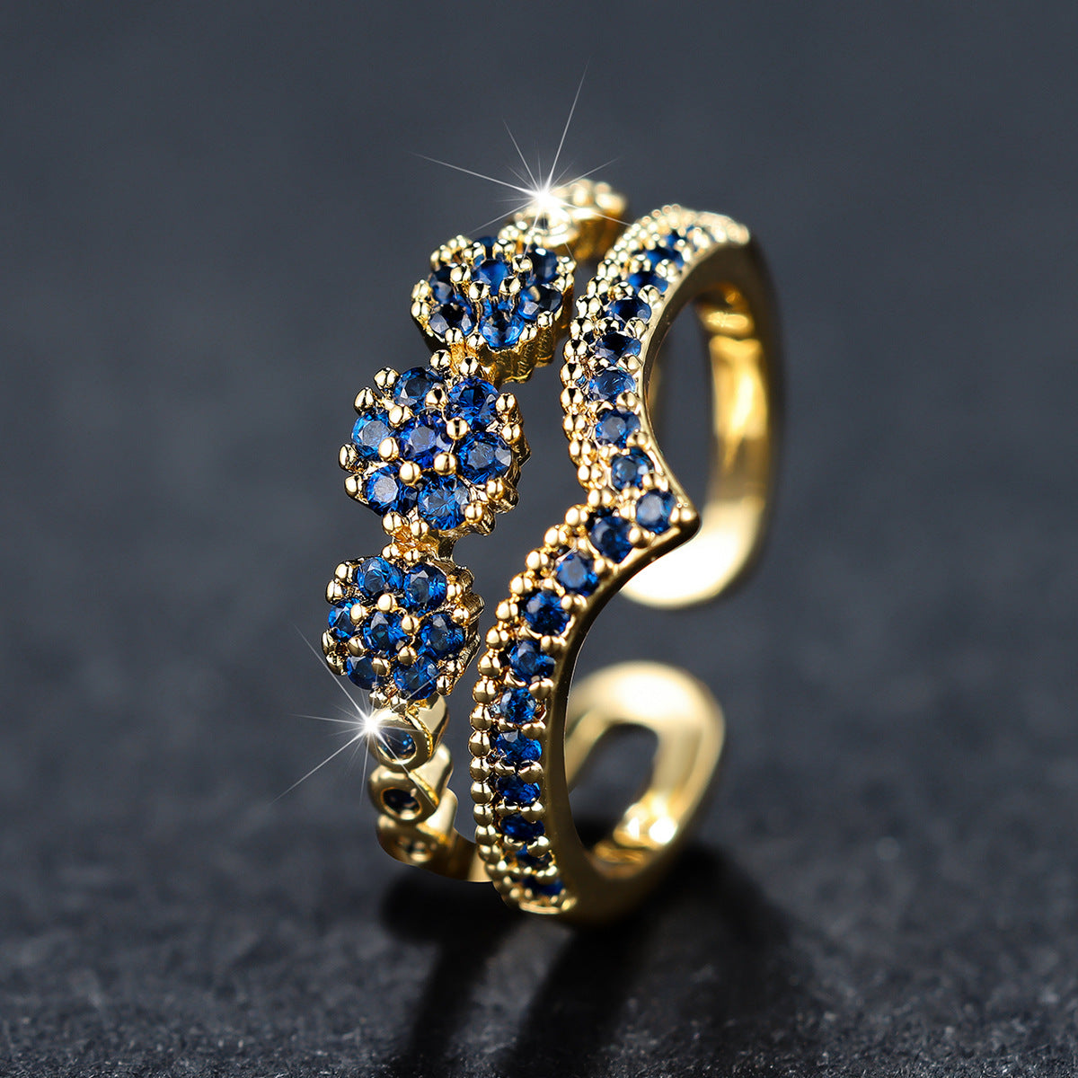 Womens Double Layer V Shaped Adjustable Open Ring Zircon Copper Fashion Jewelry Dainty Delicate Ring Statement