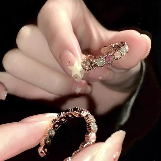 Womens Adjustable Open Ring With Colorful Rhinestones Round Geometry Design Copper Exotic Statement Ring For Daily Wear