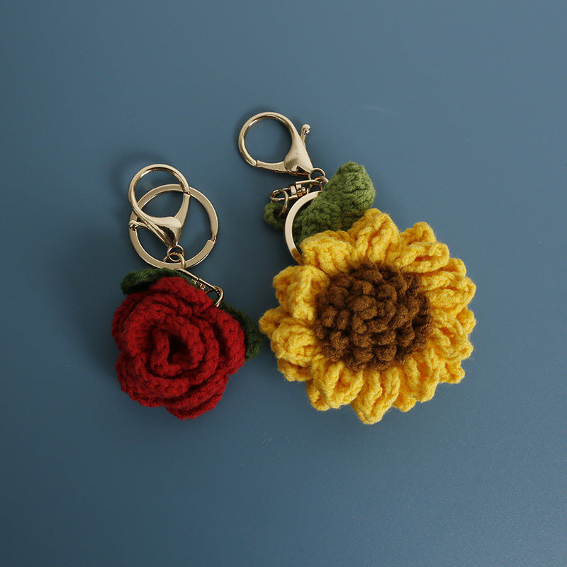 Handwoven Wool Keychain Rose And Sunflower Plant Design Pendant Handcrafted Woolen Accessory For Nature Lovers