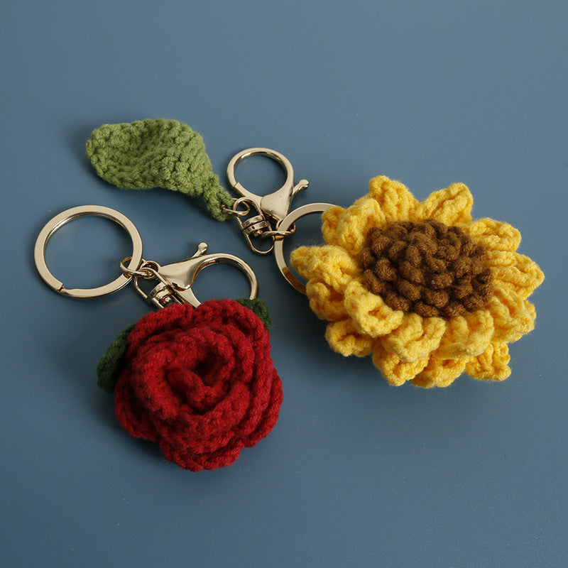 Handwoven Wool Keychain Rose And Sunflower Plant Design Pendant Handcrafted Woolen Accessory For Nature Lovers