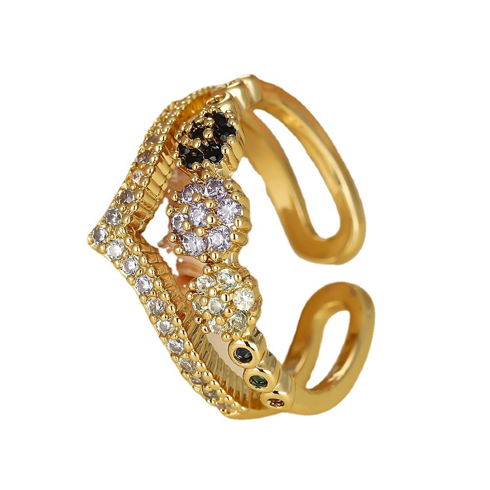 Womens Double Layer V Shaped Adjustable Open Ring Zircon Copper Fashion Jewelry Dainty Delicate Ring Statement