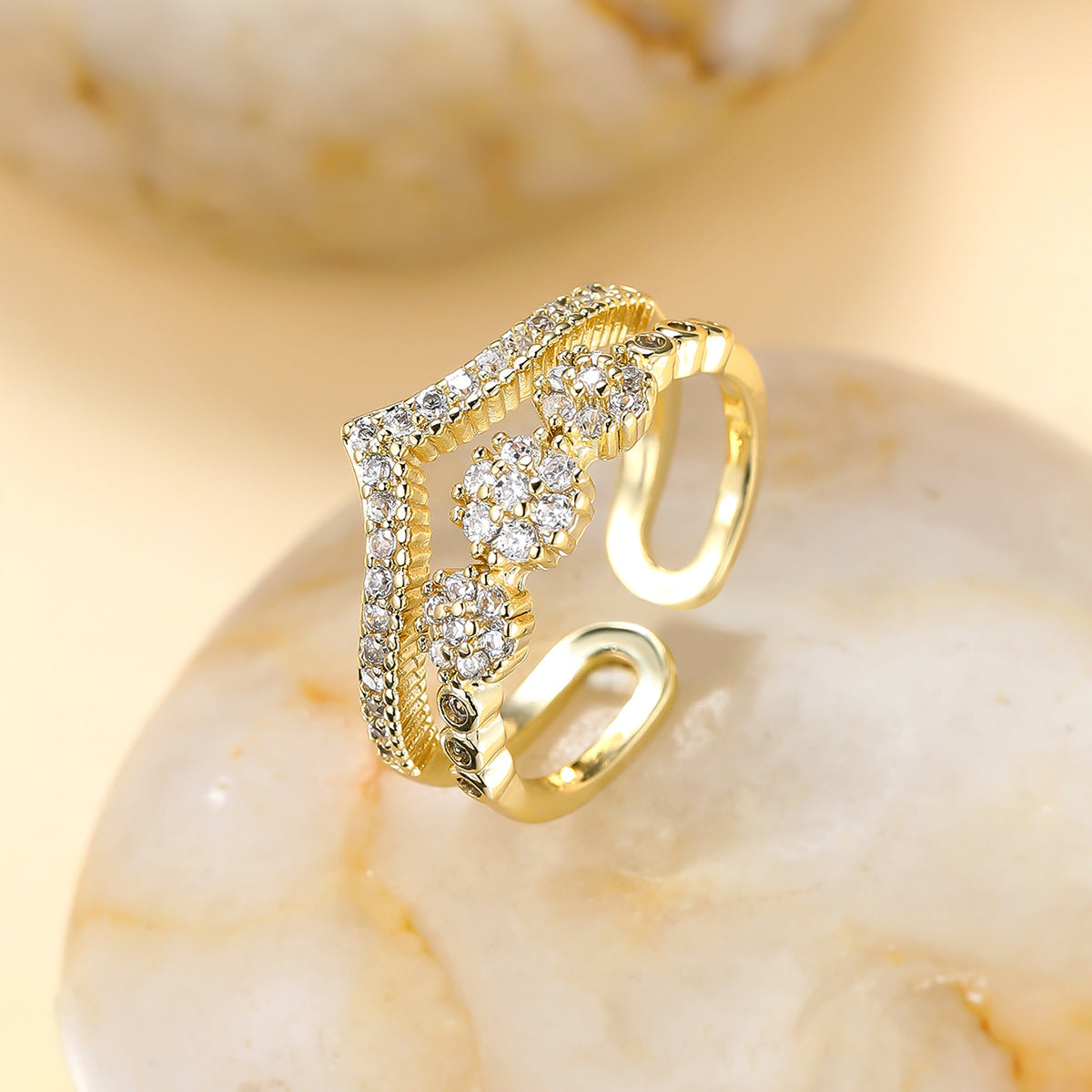 Womens Double Layer V Shaped Adjustable Open Ring Zircon Copper Fashion Jewelry Dainty Delicate Ring Statement