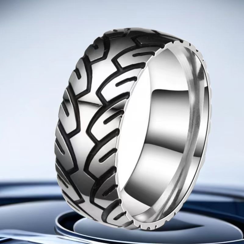 Mens Titanium Steel Ring Non Fading Etched Tire Pattern Vintage Design Durable Band Titanium Stylish Ring Tire