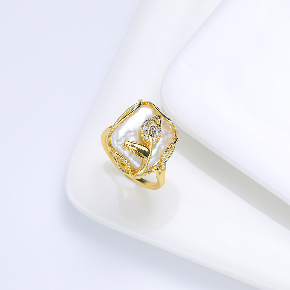 Geometric Baroque Freshwater Pearl Ring Inlaid Open Adjustable Jewelry Statement Piece Elegant Design Classics