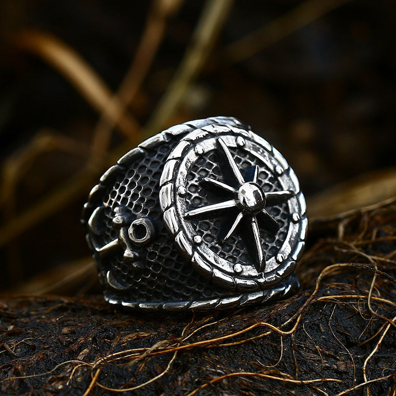 Vintage Compass Titanium Steel Ring Unisex Retro Boat Anchor Design For Men US Ring Sizes 7 8 9 10 11 12 13 US