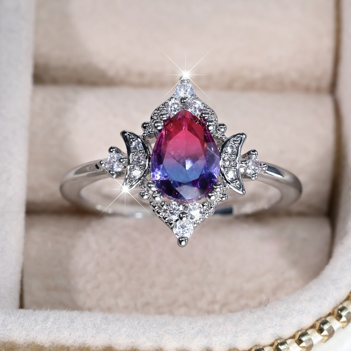 Copper Crown Ring Women Water Drop Tourmaline Style Fashionable Personality Statement Jewelry Silver Rose Blue