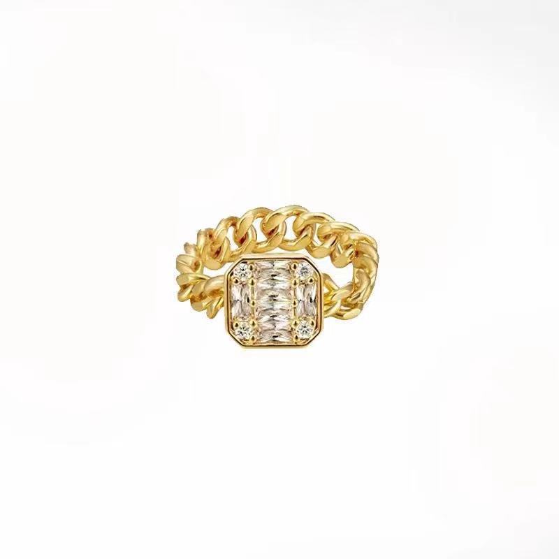 Women European Retro Chain Ring Emerald Brass Ring Golden Green Inlay Cartoon Style Jewelry Gift Idea Unique Accessory