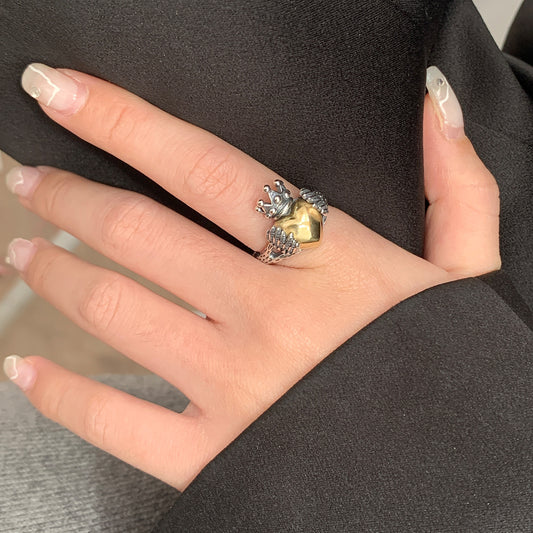 Womens Adjustable Silver Plated Ring Crown Wings Feathery Retro Geometrical Design Intricate Gold Accents Open