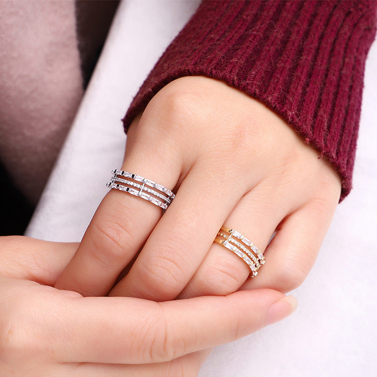 Unisex Geometric Zircon Ring Gold Plated Copper Abstract Design Korean Style Jewelry For Everyday Wear Modern Accessory