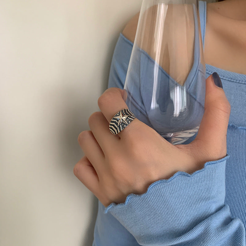 Womens Sterling Silver Ring Vintage Classic Distressed Pentagram Ring Adjustable Opening Jewelry For Women Timeless Gem