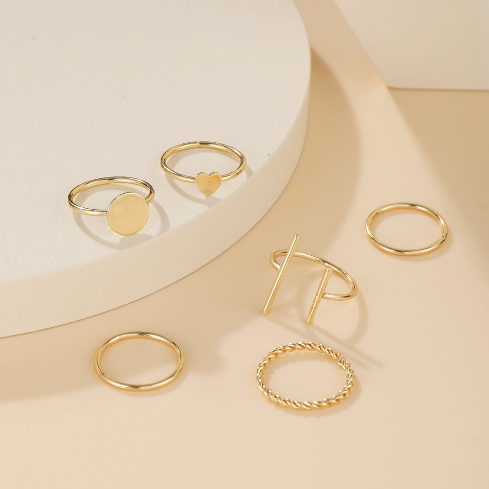Golden Alloy Ring Set With Love Bear Rhinestones Retro Simple European American Electroplated Jewelry 6 Pieces