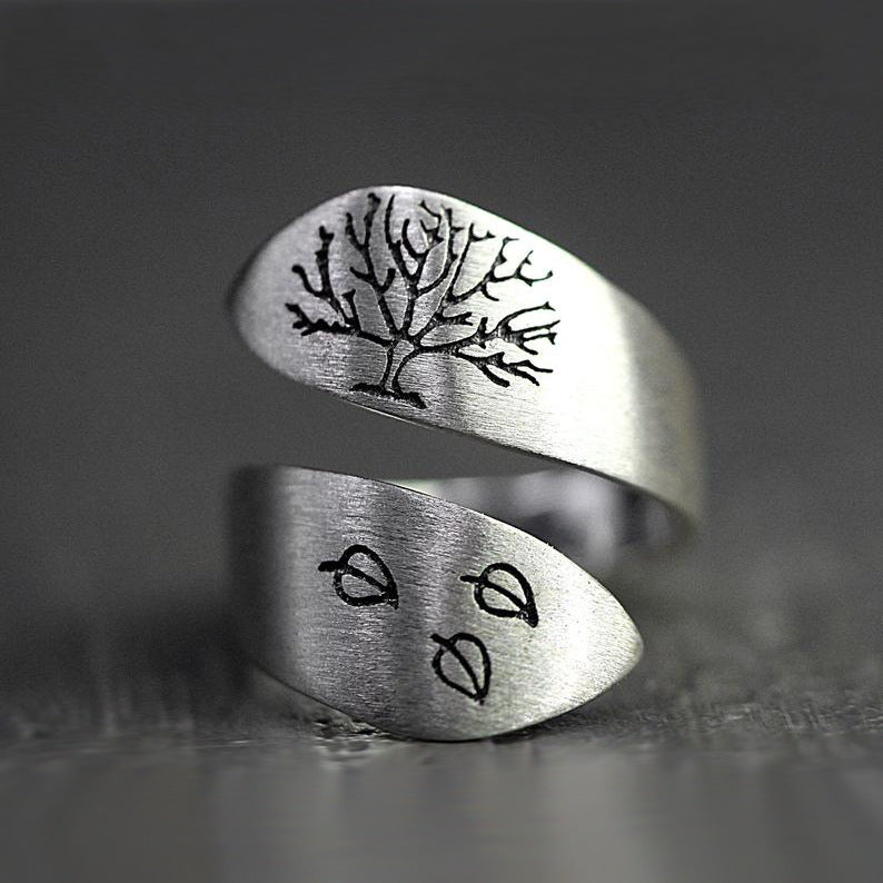 Womens Tree of Life Copper Ring Adjustable Three Leaves Design Retro Brushed Craftsmanship Electroplated Color