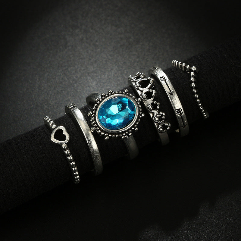 Vintage Alloy Ring Set Heart Shaped Crown Stone Geometric