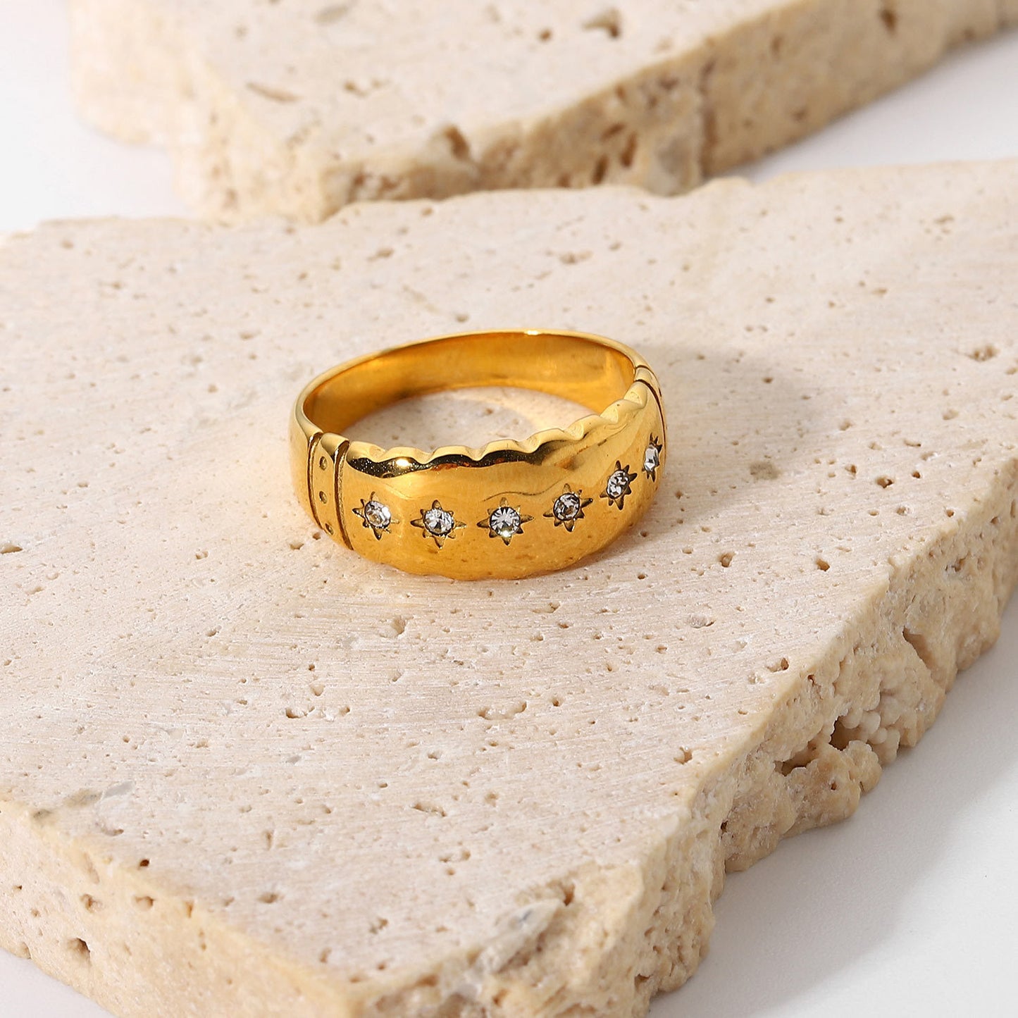Gold Plated Stainless Steel Eight Pointed Star Ring with Diamond Accent for Women Jewelry Timeless Everyday Luxury