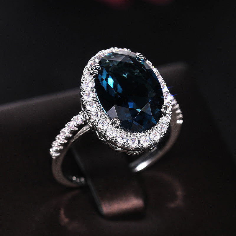 Womens Elegant Egg Shape Peacock Blue Zircon Ring Gold Plated Copper Fashion Jewelry Statement Accessory Gift For Her