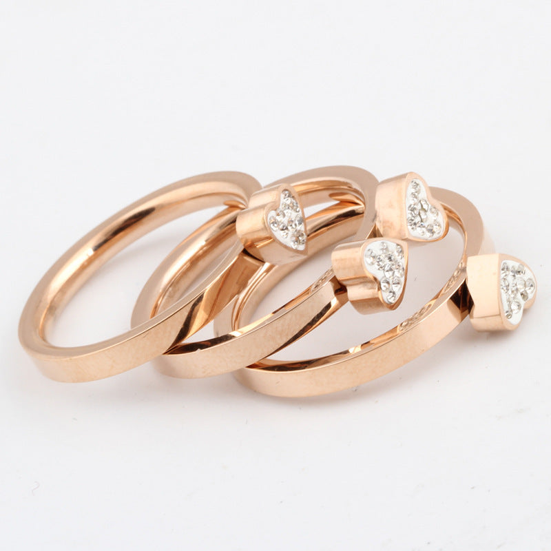 Titanium Steel Leaf Ring Set Three Color Stitching Rhinestones Geometric Inlay Jewelry Gift For Women Gold Rose Gold