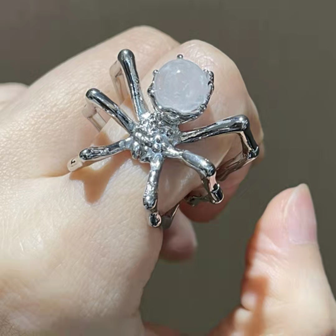 Womens Spider Moonstone Crystal Ball Ring Geometric Electroplated Dark Tone High Quality Bold Statement Jewelry