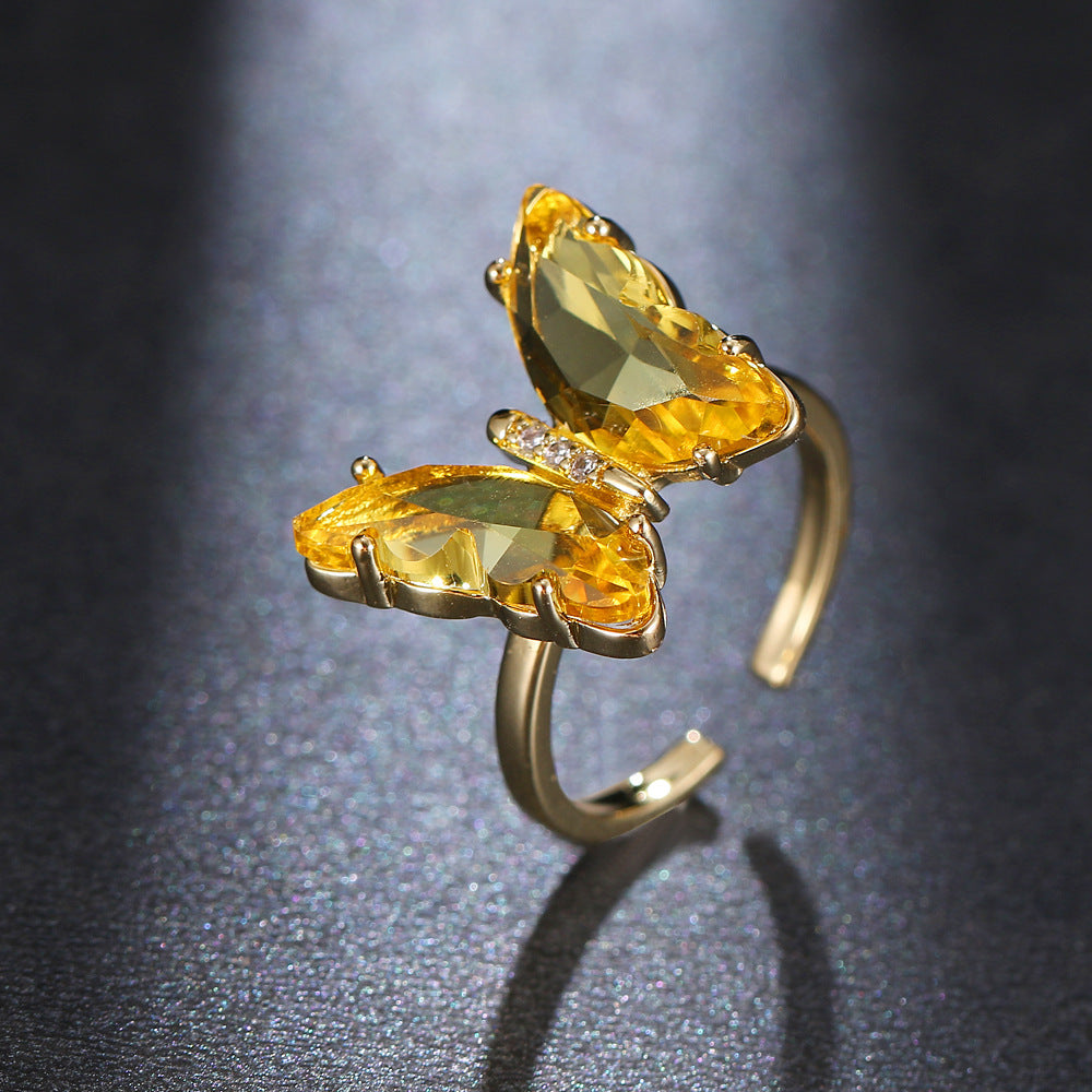 Crystal Butterfly Ring With Zircon Copper Gold Plated Finish For Women Wedding Gift Exquisite Jewelry For Sale