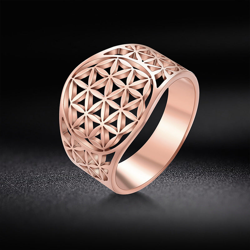 Stainless Steel Ring Flower of Life Design Durable Elegant Band Everyday Wear Jewelry Gift Women Men Hypoallergenic