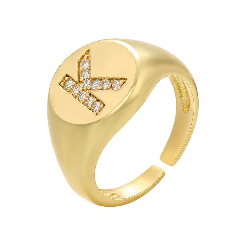 Women Adjustable Initial Ring Wide Band Gold Tone Diamond Accent Personalized Alphabet Jewelry Gift Daily Wear