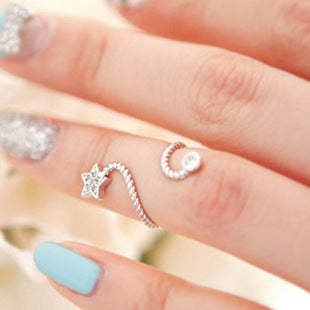 Womens Adjustable Ring With Rhinestone Starfish And Flower Design In Alloy Metal Gem Inlay For Elegant Wear Now