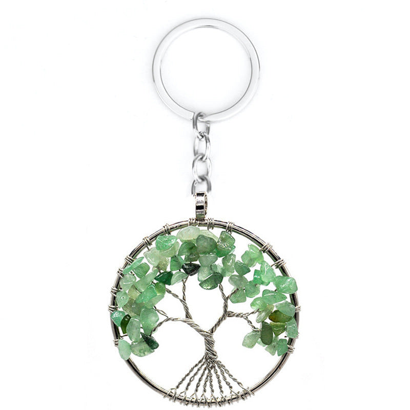 Tree Of Life Keychain Natural Crystal Copper Wire Pendant With Leather Rope For Keys Car Charm White 5cm 7 Colors