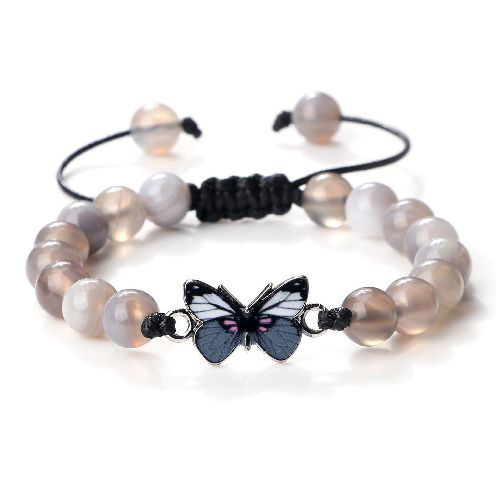 Woven Butterfly Bracelet Adjustable Handmade Tiger Eye Volcanic Rock Agate White Porcelain Bead Jewelry Gift For Women