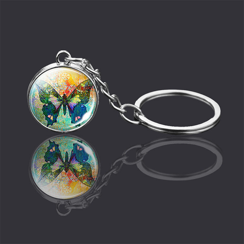 Animal Key Chain Double Sided Glass Ball Pendant Metal Key Ring Unisex Accessories Donkey Rabbit Giraffe Dolphin Fox