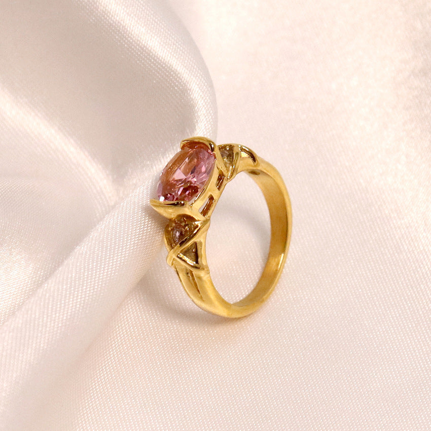 Stainless Steel Geometric Ring With Stone Accent Fashion Jewelry For Women Pink Stone Gold Size 6 7 8 European Style