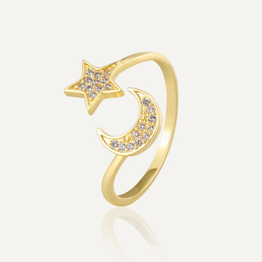 Gold Zircon Ring For Women Adjustable Copper Moon And Star Design Elegant Jewelry Open Ring Band Everyday Wear
