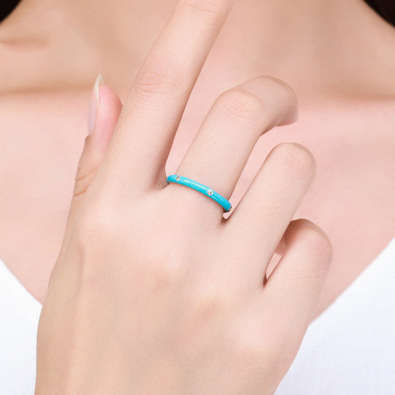 Sterling Silver Womens Ring Epoxy Enamel Geometric Design With Gem Inlays Gift For Her Sizes 5 US And 6 US Fit