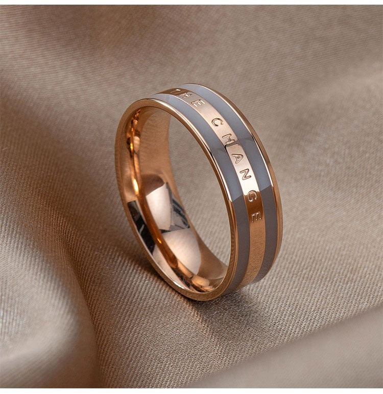 Simple Fashion Wide Epoxy Ceramic Titanium Steel Ring Couple Style Text Letters Rose Gold Silver Colors Styles