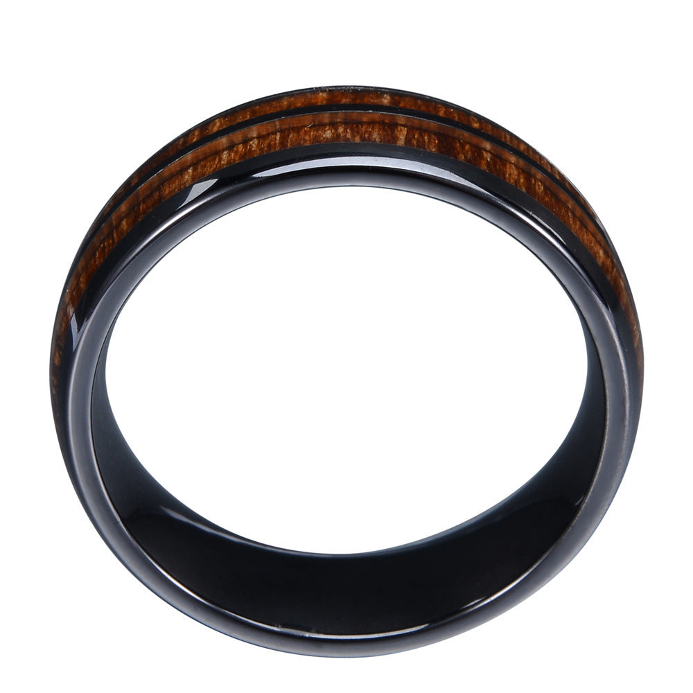 Black Stainless Steel Ring Double Fluted Wood Grain Design Geometric Fashion Jewelry Unisex Durable Versatile