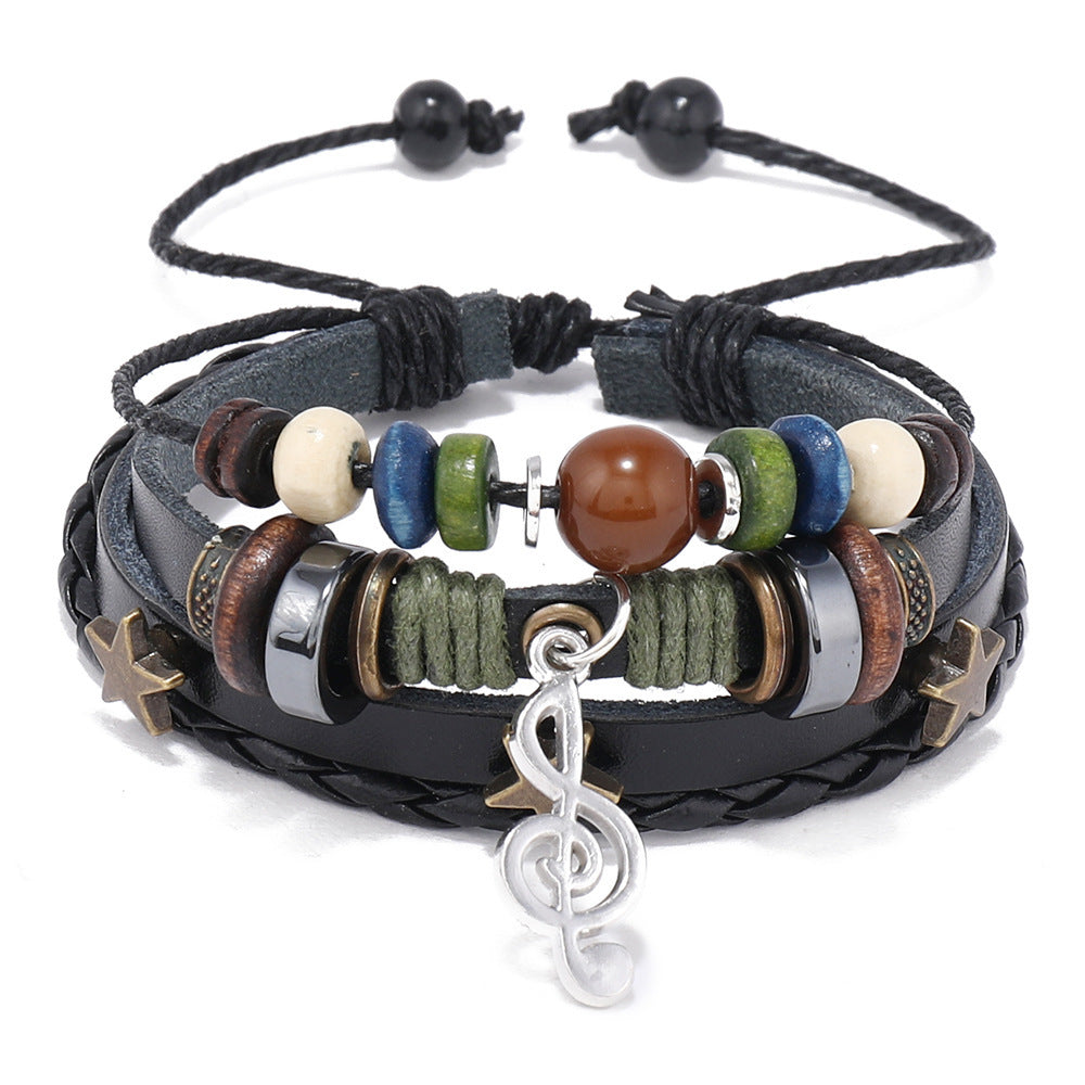 Unisex Leather Bracelet Multi Layer Beads Bracelet Adjustable Length Fashion Wristband Geometric Bracelet Pull