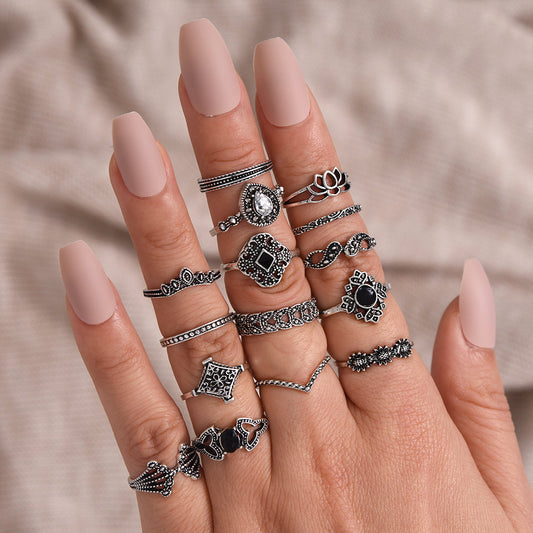 Unisex Ring Set 15 Piece Alloy Rings Lotus Diamond Water Drop Design With Electroplating and Oil Drip Finish Free Size