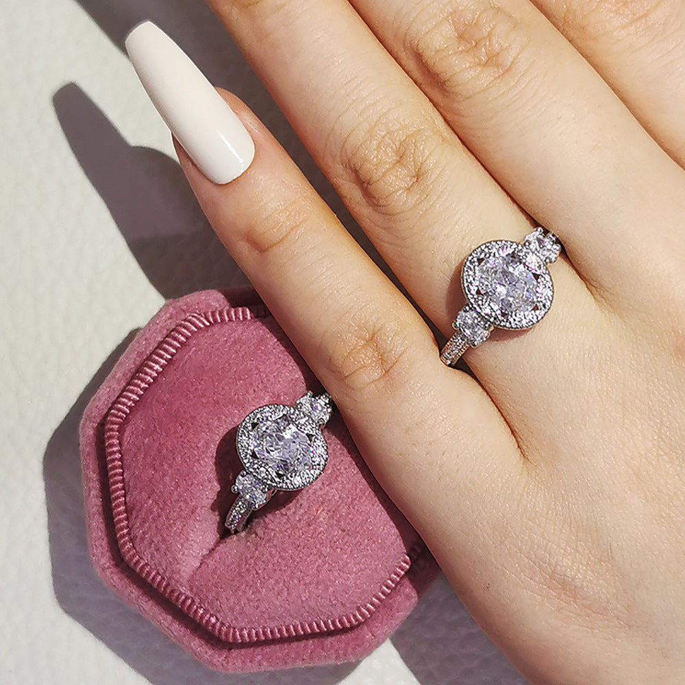 Women Fashionable Elegant Oval Silver Ring Electroplated White Copper Geometric Band Sizes 5 6 7 8 9 10 Classy