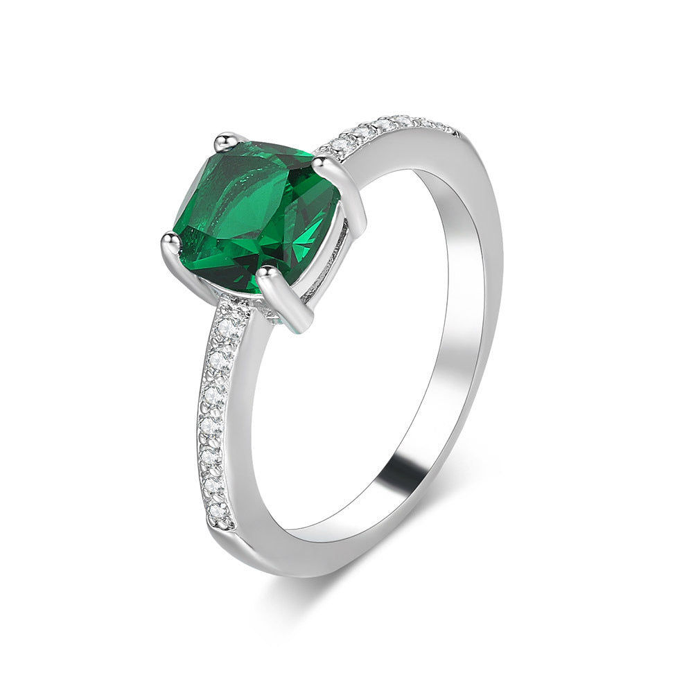 Copper Ring White Gold Plated Geometry Ring With Zircon Inlay And Emerald Blue Green White Stones Fashion Accessory