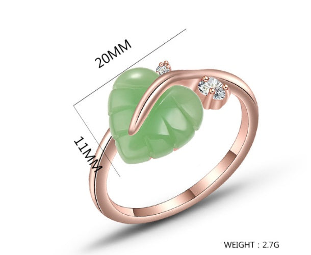 Temperament Heart Shaped Leaf Ring For Women Gold Plated Jewelry Elegant Accessory Rose Gold Jade Inlay Design