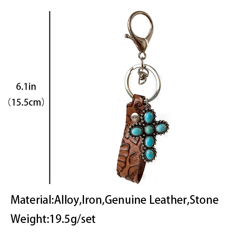 Leather Keychain Embossed Cattle Leather Turquoise Pumpkin Flower Pendant Western Style Electroplated Key Ring