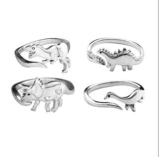 Four Dinosaur Rings Set Ancient Silver Animal Zodiac Adjustable Alloy Unisex Rings For Everyday Wear Now Bests