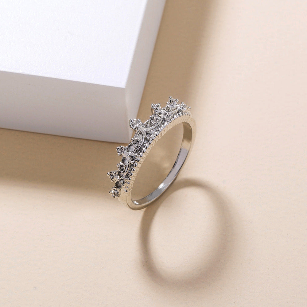 Copper Zircon Carved Crown Design Ring For Women Adjustable Band Euro Fashion Jewelry Electroplated Shine Gift For Her