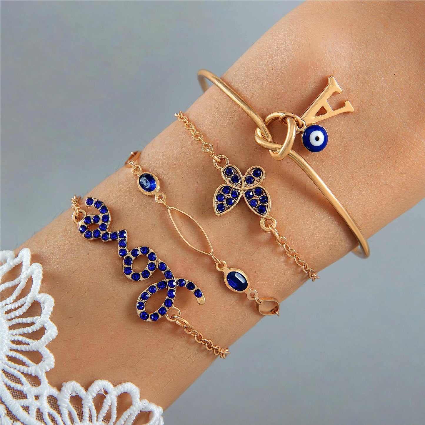 Butterfly Love Bracelet Set Four Piece Rhinestone Alloy