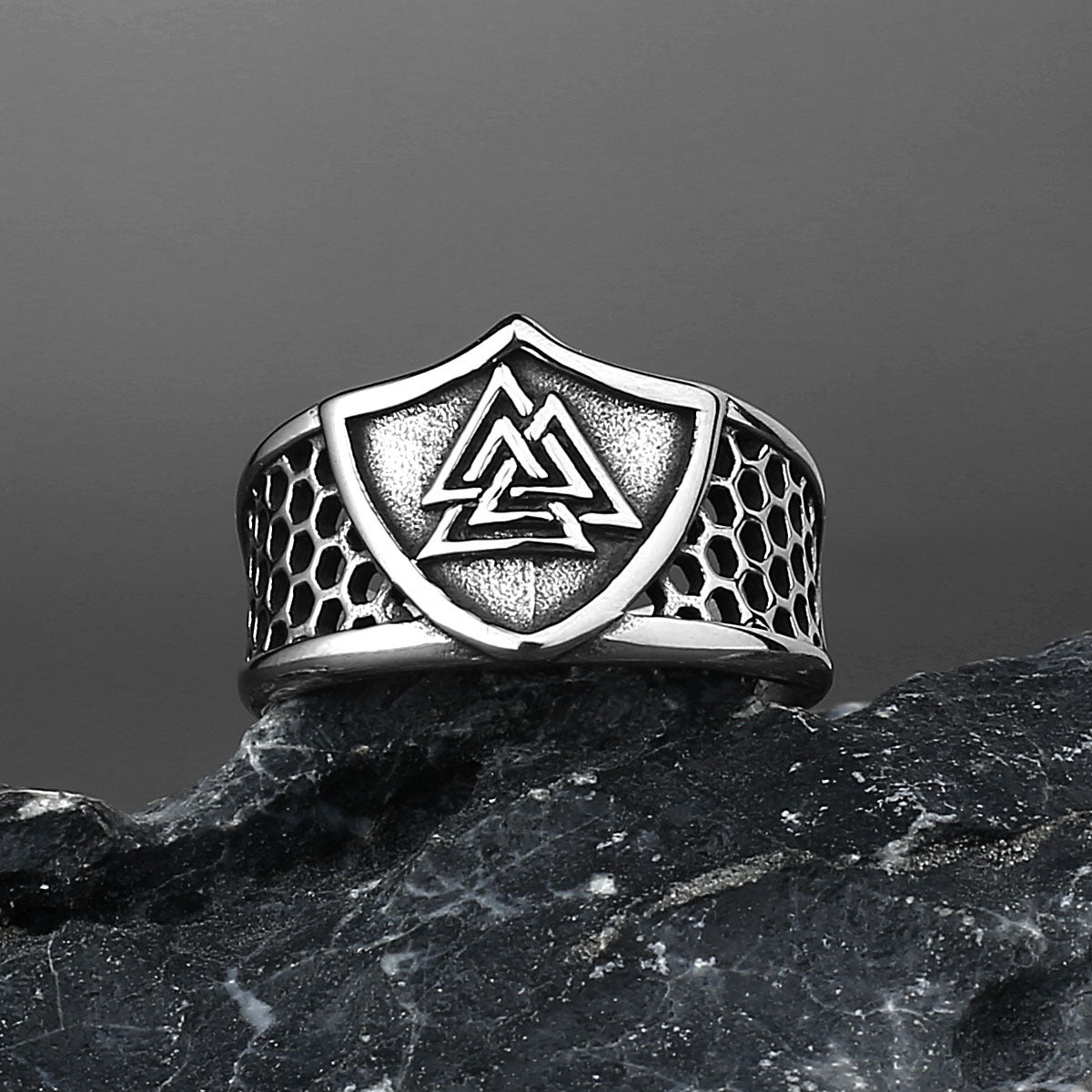 Men Shield Rune Ring Titanium Steel Hollow Band Vintage Norse Inspired Jewelry For Everyday Wear Durable Gift Idea